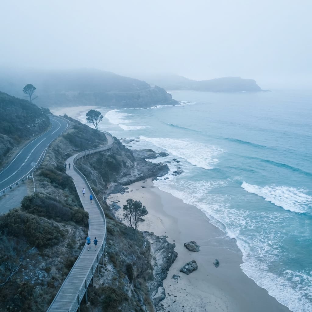 Corredores à beira-mar em um clima leve e contemplativo